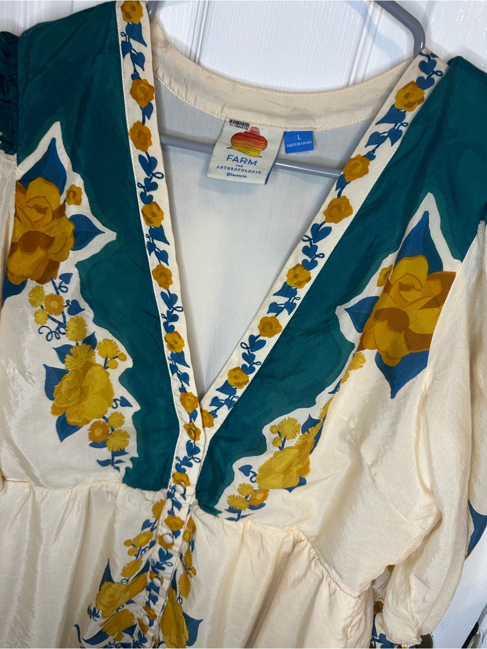FARM Rio Anthropologie Cream Teal Yellow floral midi dress Size: L - Picture 3 of 6